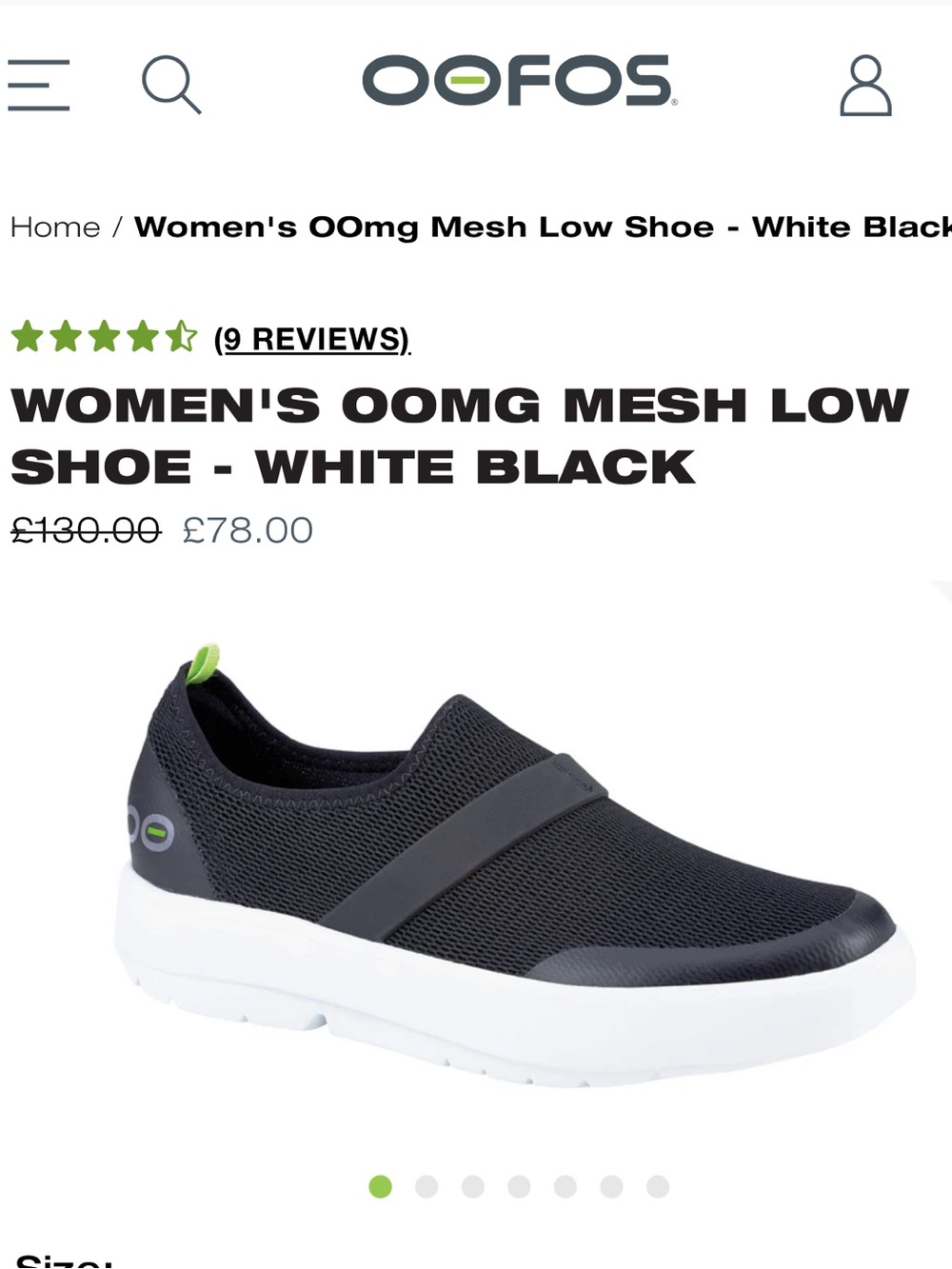 OOFOS Women's OOmg Mesh Low Shoe - Black White with Lime Accent